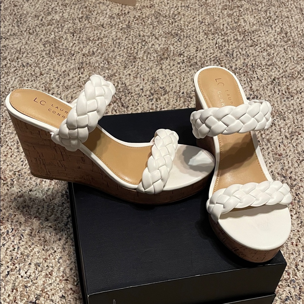 LC Lauren Conrad White Braided Wedge Sandals